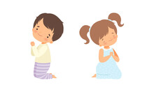 Little Kid Kneeling And Praying With Folded Hands Vector Set