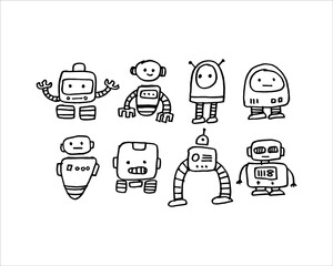 a vector illustration of the robot. robot sketches on white background with various types. a set uncolored doodle robots.