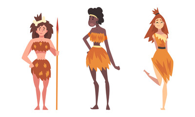 Sticker - Primitive Woman Character from Stone Age and African Aboriginal Wearing Animal Skin and Holding Spear Vector Set