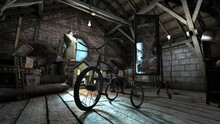 Abandoned Attic With Antiques. A Classic Scene From A Horror Movie. An Old Broken Mirror. Old Tricycle. Photorealistic 3D Illustration.	