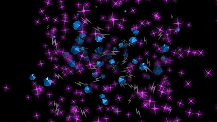 Wall Mural - abstract flight of red stars, blue polyhedrons in infinite space. stage decoration, disco, anniversa