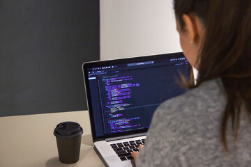 Wall Mural - a programmer coding on a laptop in the workplace