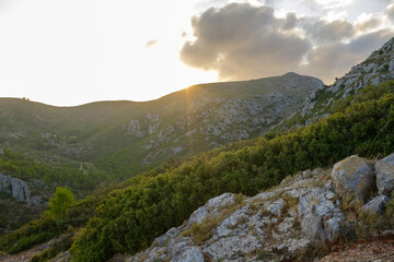 Wall Mural - Scenic view from top of rock mountain in Montgri, Catalonia, Costa Brava, on a sunny morning