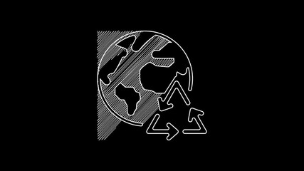 Sticker - White line Planet earth and a recycling icon isolated on black background. Environmental concept. 4K Video motion graphic animation