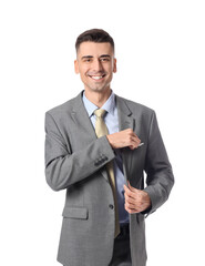 Wall Mural - Handsome young man in stylish formal suit on white background