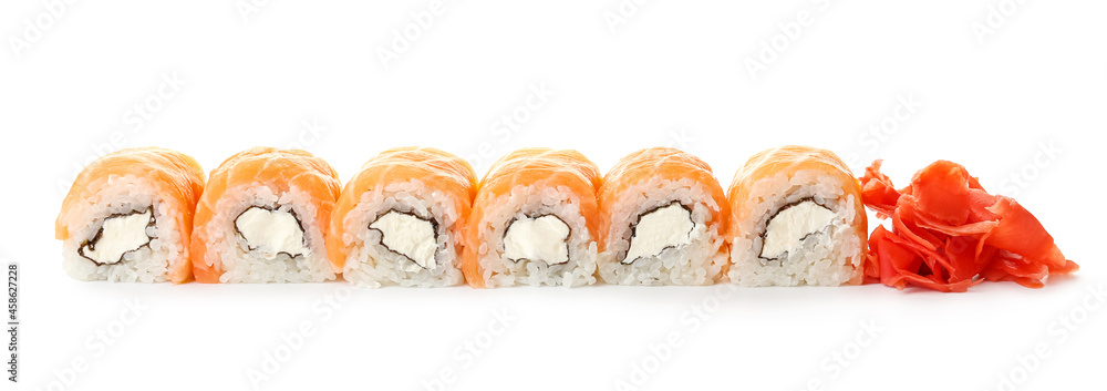 Tasty sushi rolls and ginger on white background