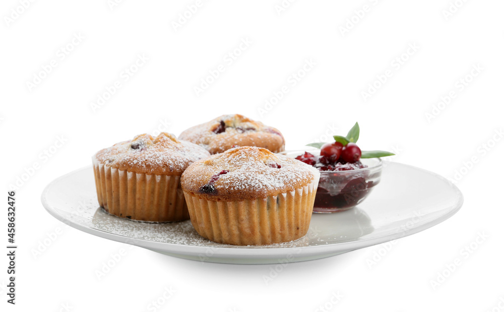 Plate with tasty cranberry muffins on white background