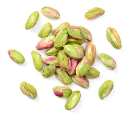 Poster - peeled pistachios isolated on the white background, top view