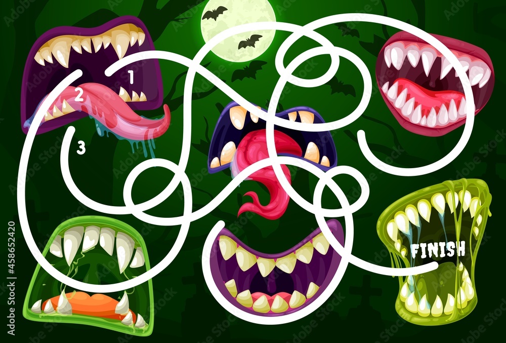 Tangled Path Kids maze game with monster mouths. Vector labyrinth puzzle find ...