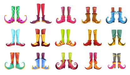 Wall Mural - Cartoon legs of gnome, elf, wiz, magician, warlock, wizard and sorcerer. Cute vector feet in colorful stoking and nosy boots. Witch, Santa helper or leprechaun legs in funny shoes isolated cartoon set