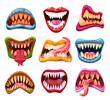 Monster jaws and mouths with cartoon teeth and tongues. Vector Halloween monster or vampire smiles, scary alien beast, horror demon, dracula or zombie with spooky fangs, green slime and saliva drops