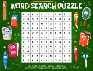 Poster - Word puzzle game worksheet with cartoon school education characters. Kids word grid quiz, crossword riddle or logical game book page with funny stationery, books and science formulas on chalkboard