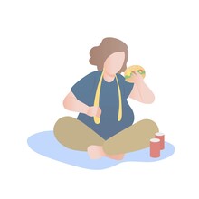 Fat Woman Sitting Eating Fast Food,Overweight Girl Holding Hamburger And Soft Drink ,Unhealthy Lifestyle,behavior Problem Eating Obesity And Problem,Vector Illustration.