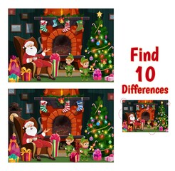 Poster - Christmas find ten differences game with Santa and elfs. Kids searching and comparing details playing activity. Santa Claus siting in living room, elfs with gifts near Christmas tree cartoon vector