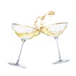 Two glasses of champagne. Watercolor drink illustration.