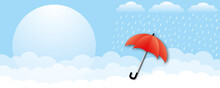 Sale Banner For Rainy Season Or Monsoon. Red Umbrella With Heavy Rain And Blue Sky Background. Design Of Template, Poster, Label, Web Header. Space For The Text. Design Style.