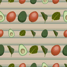 Avocado Seamless Vector Pattern On Green Brown Striped Background