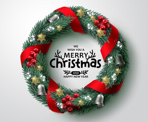 Wall Mural - Merry christmas greeting text vector design. Christmas wreath and garland xmas ornament elements for card decoration in white space background. Vector illustration. 