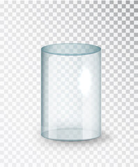 Glass cylinder. Empty transparent glass cylinder isolated on transparent background. Exhibit transparent display box. Realistic vector .