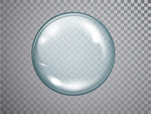 Transparent glass sphere with glares and shadow. Realistic 3d glass spherical ball isolated.