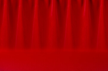 Wall Mural - Luxury classic theatre abstract scene with saturated scarlet red silk curtain with smooth creases. Empty stage for design, showing, presentation of produce.