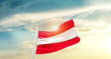 Austria National Flag Cloth Fabric Waving On Beautiful Sky - Image