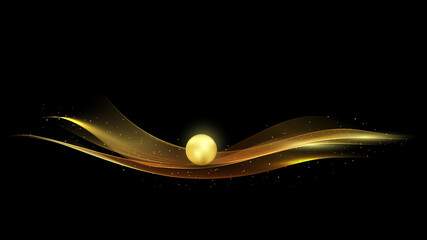 Wall Mural - gold abstract wave with gold glitter on a black background. luxurious festive background.