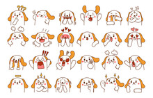 Dog Character In Diffetent Animal Emotions. Facial Expression Flat Vector Illustration