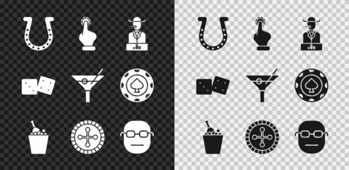 Set Horseshoe, Hand holding casino chips, Poker player, Champagne ice bucket, Casino roulette wheel, Game dice and Martini glass icon. Vector