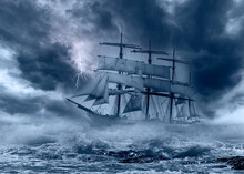 Tall Ship Sailing In A Tempest With Stormy Sky And Lightning Concept	