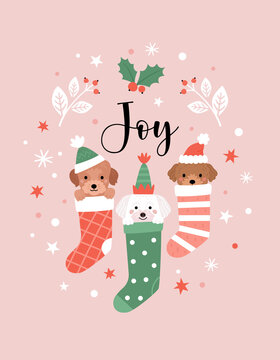 Christmas Greeting card. Vector illustration of three cute cartoon puppies in Christmas socks, isolated on abstract light pink background
