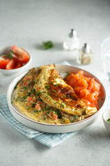 Poster - Traditional homemade omelette with tomatoes and salmon