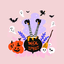 Cute Illustration Of The Witch Legs In The Magic Pot. Halloween Concept.