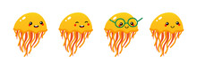 Set, Collection Of Cute And Smiling Cartoon Style Yellow Jellyfish Characters For Sea Life Design.
