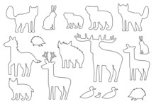 Set Of Black White Silhouette Forest Animals. Cartoon Isolated Vector Fox, Wolf, Bear, Bear Cub, Elk, Deer, Fallow Deer, Hedgehog, Hare, Duck, Duckling, Lynx, Horse, Wild Boar