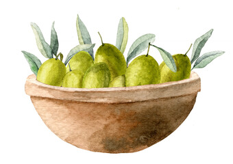 Green Olives in a ceramic Bowl. Watercolor hand painted illustration of appetizer in a plate. Isolated element on white background for Oil label or restaurant menu