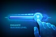 © iuriimotov - Success level growth. Increasing Success Level. Wireframe hand is pulling up to the maximum position progress bar with the Trophy cup icon. Business achievement concept. Vector illustration.