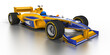 3d Formel 1 Rennwagen in den Farben Gelb, Blau isoliert