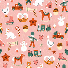 Christmas Tree Retro Toys, Cartoon Illustration Pattern In Pink And Green Vintage Colors