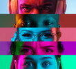 © Lustre Art Group  - Collage of cropped multiethnic male and female eyes placed on narrow stripes in neon lights.