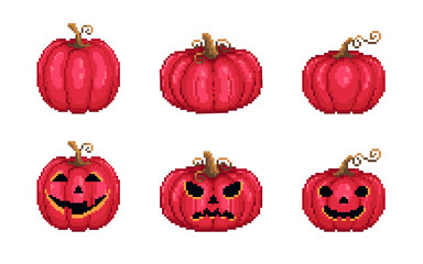 Wall Mural - Pixel art red pumpkins set. Halloween 8 bit style vintage vector illustrations.