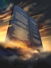 Poster - ten commandments two tablets of stone with glowing words and epic background