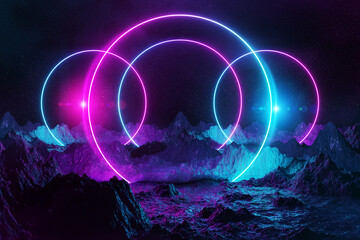 Aufkleber - Abstract background with blue and pink neon light circles reflecting on asteroid ground 3D rendering