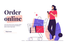 Vector Illustration Depicting A Young Woman With Phone And Shopping Cart On The Subject Of Sale, Promotions, Online Shopping. Editable Stroke