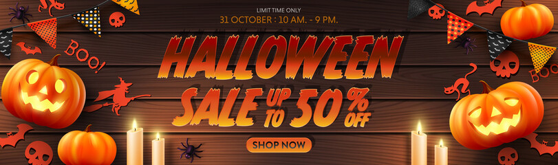 Wall Mural - Vector of Halloween Sale Promotion Poster or banner with Halloween Pumpkin,Ghost,Candlelight,buntings and Halloween Elements.Website spooky,Background or banner Halloween template.