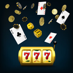 Gold slot machine and dices black playing cards four aces and falling poker chips. Casino big win poster. 3d design element for gambling banner. Vector