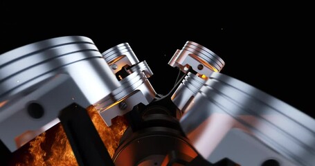 Fototapete - High Tech V8 Diesel Engine In Motion With Explosions. Perfect Loop. Industry And Technology Concept.