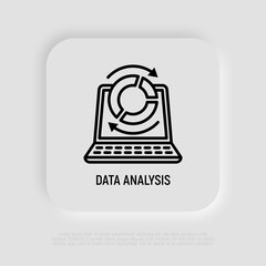 Wall Mural - Data analysis thin line icon, open laptop and diagram with arrows. Modern vector illustration.