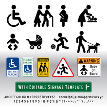 Accessibility Signage That Includes Handicap, Seniors (elderly), Pregnant Woman, Changing Diaper Room, Baby, Stroller, Kids Playing Zone, Pets Must Be On Leash, With Vector Editable Signage Template.