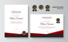 Modern Red Black Certificate. Certificate Of Appreciation Template, Red And Black Color. Clean Modern Certificate With Gold Badge. Certificate Border Template With Luxury And Modern Line Pattern.